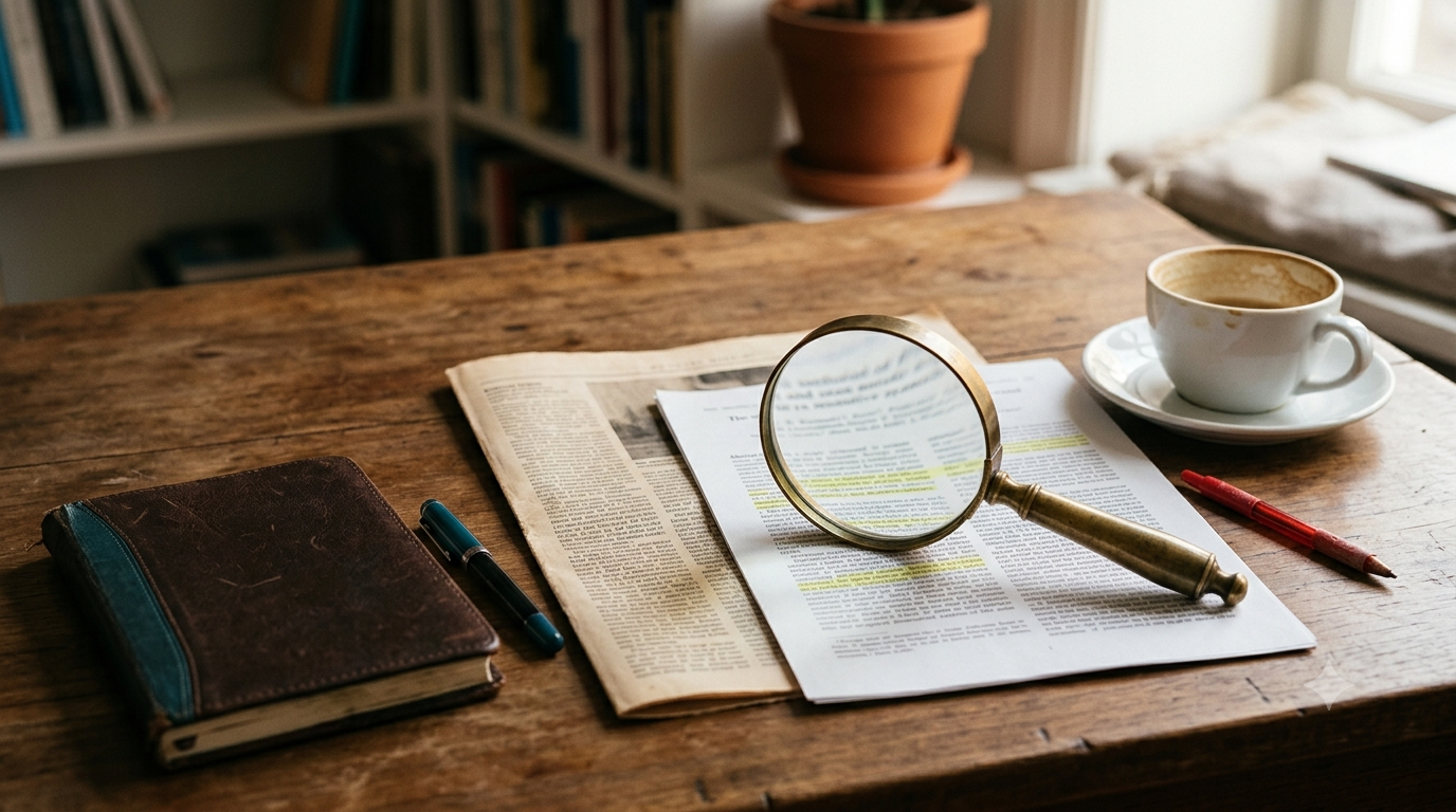Editorial still-life of a desk with a printed newspaper article, a scientific paper, and a brass magnifying glass over a highlighted passage — examining claims carefully.
